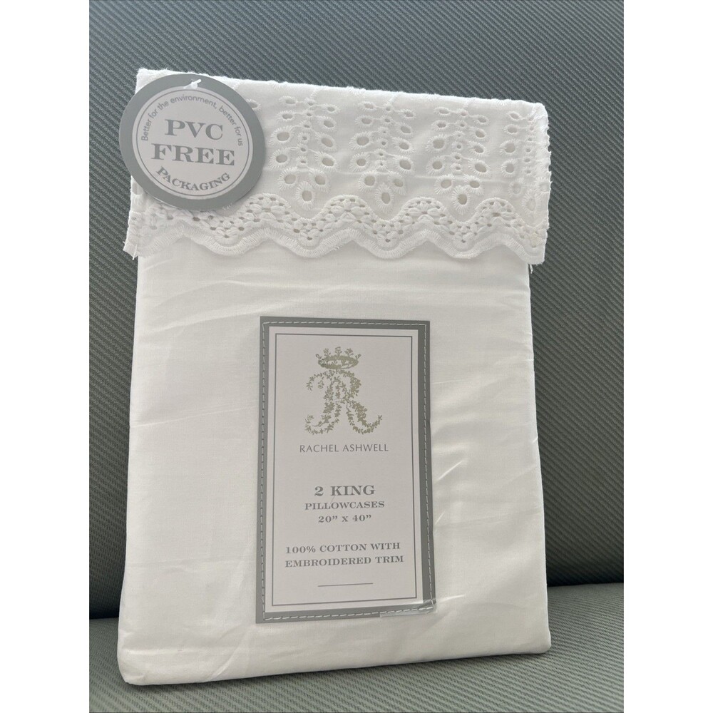 Rachel Ashwell KING Pillowcases Solid WHITE COTTON EMBROIDERED Trim 20 X 40 New